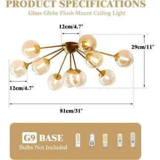 Lighting Modern Bubble Chandelier - 10-Light Amber Glass Ceiling Light, Mid Century Semi Flush Mount, Gold Globe Sputnik Chandelier