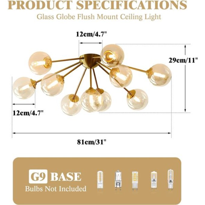 Lighting Modern Bubble Chandelier - 10-Light Amber Glass Ceiling Light, Mid Century Semi Flush Mount, Gold Globe Sputnik Chandelier