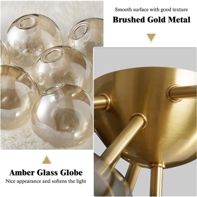 Lighting Modern Bubble Chandelier - 10-Light Amber Glass Ceiling Light, Mid Century Semi Flush Mount, Gold Globe Sputnik Chandelier