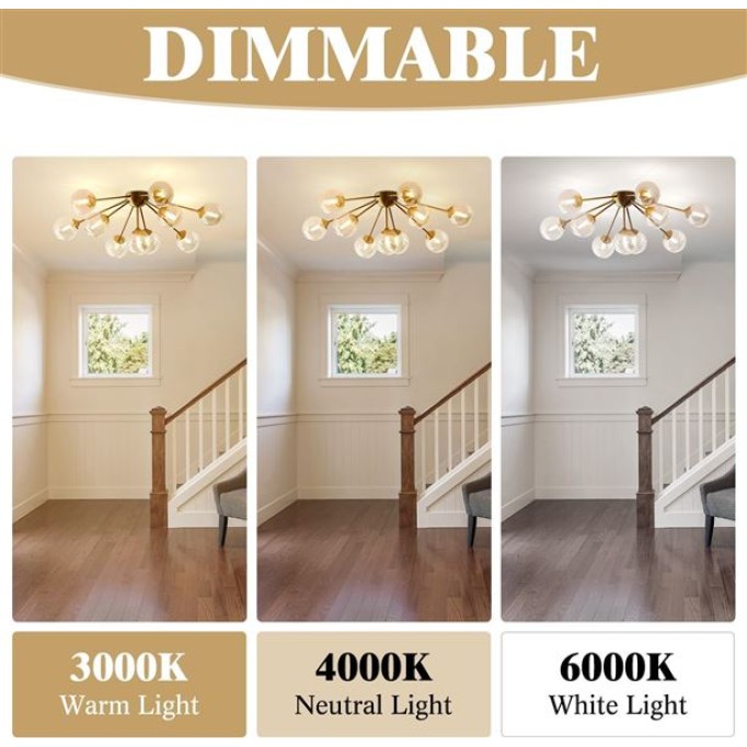 Lighting Modern Bubble Chandelier - 10-Light Amber Glass Ceiling Light, Mid Century Semi Flush Mount, Gold Globe Sputnik Chandelier