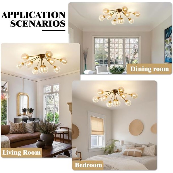Lighting Modern Bubble Chandelier - 10-Light Amber Glass Ceiling Light, Mid Century Semi Flush Mount, Gold Globe Sputnik Chandelier