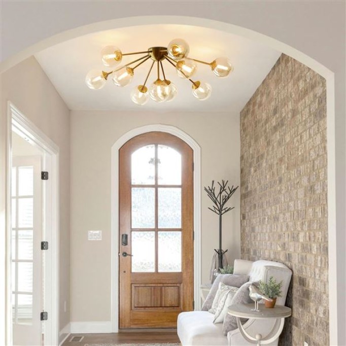 Lighting Modern Bubble Chandelier - 10-Light Amber Glass Ceiling Light, Mid Century Semi Flush Mount, Gold Globe Sputnik Chandelier