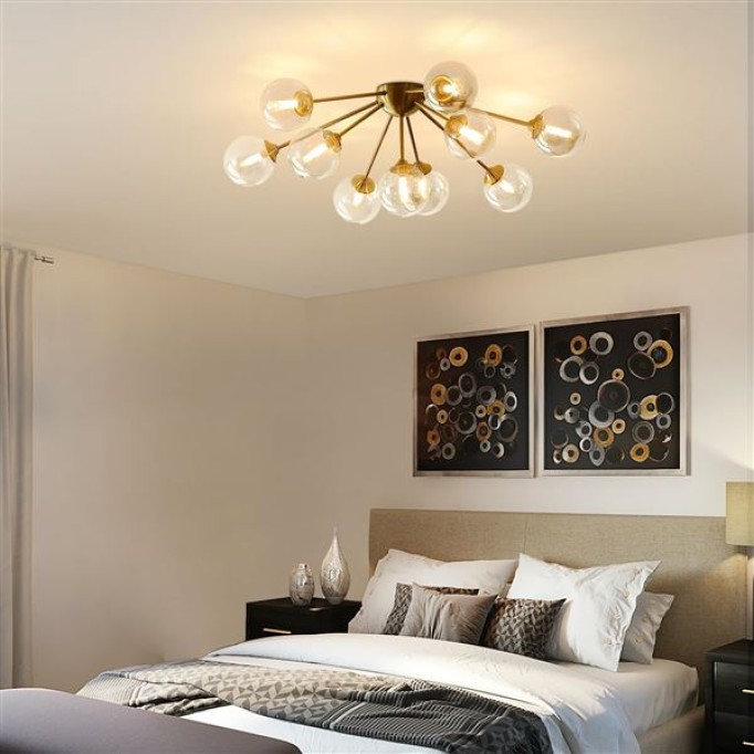 Lighting Modern Bubble Chandelier - 10-Light Amber Glass Ceiling Light, Mid Century Semi Flush Mount, Gold Globe Sputnik Chandelier