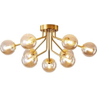 Mid Century Gold Modern Sputnik Chandeliers 9 Light Semi Flush Mount Ceiling Light Fixture Pendant Lamps Bulbs with Glass Globe Lighting for Bedroom Kitchen Dining Room Office