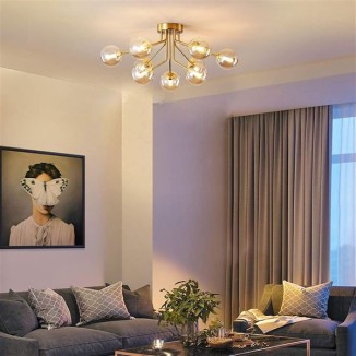 Mid Century Gold Modern Sputnik Chandeliers 9 Light Semi Flush Mount Ceiling Light Fixture Pendant Lamps Bulbs with Glass Globe Lighting for Bedroom Kitchen Dining Room Office