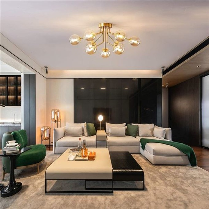 Mid Century Gold Modern Sputnik Chandeliers 9 Light Semi Flush Mount Ceiling Light Fixture Pendant Lamps Bulbs with Glass Globe Lighting for Bedroom Kitchen Dining Room Office