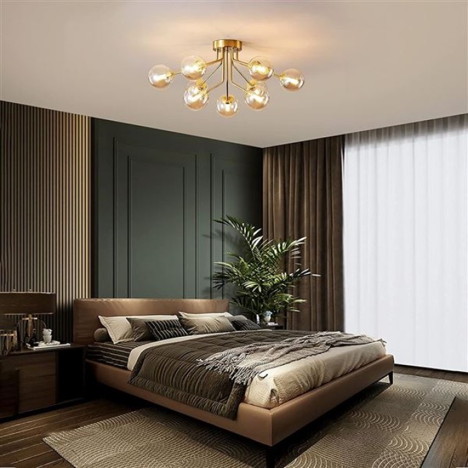 Mid Century Gold Modern Sputnik Chandeliers 9 Light Semi Flush Mount Ceiling Light Fixture Pendant Lamps Bulbs with Glass Globe Lighting for Bedroom Kitchen Dining Room Office
