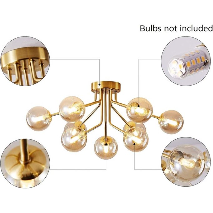 Mid Century Gold Modern Sputnik Chandeliers 9 Light Semi Flush Mount Ceiling Light Fixture Pendant Lamps Bulbs with Glass Globe Lighting for Bedroom Kitchen Dining Room Office