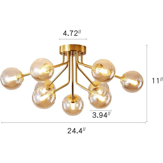 Mid Century Gold Modern Sputnik Chandeliers 9 Light Semi Flush Mount Ceiling Light Fixture Pendant Lamps Bulbs with Glass Globe Lighting for Bedroom Kitchen Dining Room Office