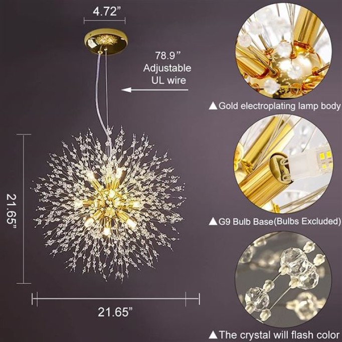 Modern Firework Gold Crystal Chandeliers, Sputnik Dandelion Chandelier Light Fixture Pendant Lighting for Dining Room, Living Room, Bedroom, Kitchen, Restaurant- 12 Lights