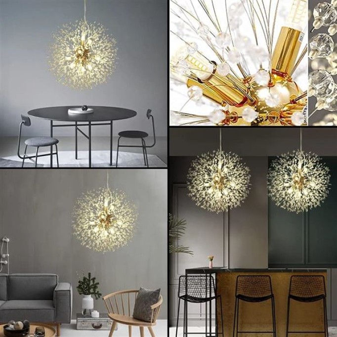 Modern Firework Gold Crystal Chandeliers, Sputnik Dandelion Chandelier Light Fixture Pendant Lighting for Dining Room, Living Room, Bedroom, Kitchen, Restaurant- 12 Lights