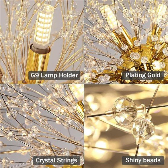 Modern Firework Gold Crystal Chandeliers, Sputnik Dandelion Chandelier Light Fixture Pendant Lighting for Dining Room, Living Room, Bedroom, Kitchen, Restaurant- 12 Lights