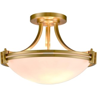 Modern Brass Semi Flush Mount Ceiling Light 3-Light Mid Century Gold Flush Mount Light Milk Glass Ceiling Light Fixtures for Hallway Bedroom Foyer Kitchen