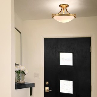Modern Brass Semi Flush Mount Ceiling Light 3-Light Mid Century Gold Flush Mount Light Milk Glass Ceiling Light Fixtures for Hallway Bedroom Foyer Kitchen