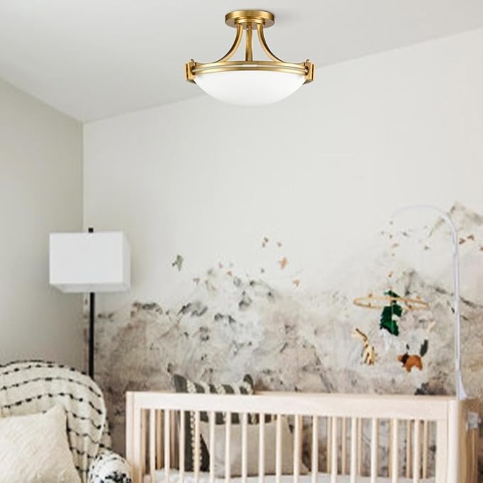 Modern Brass Semi Flush Mount Ceiling Light 3-Light Mid Century Gold Flush Mount Light Milk Glass Ceiling Light Fixtures for Hallway Bedroom Foyer Kitchen