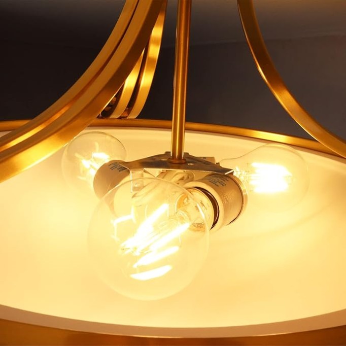 Modern Brass Semi Flush Mount Ceiling Light 3-Light Mid Century Gold Flush Mount Light Milk Glass Ceiling Light Fixtures for Hallway Bedroom Foyer Kitchen