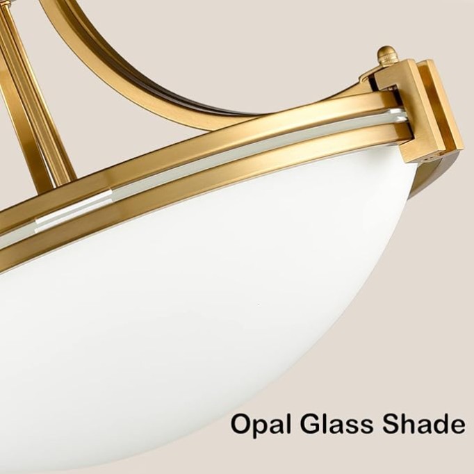 Modern Brass Semi Flush Mount Ceiling Light 3-Light Mid Century Gold Flush Mount Light Milk Glass Ceiling Light Fixtures for Hallway Bedroom Foyer Kitchen