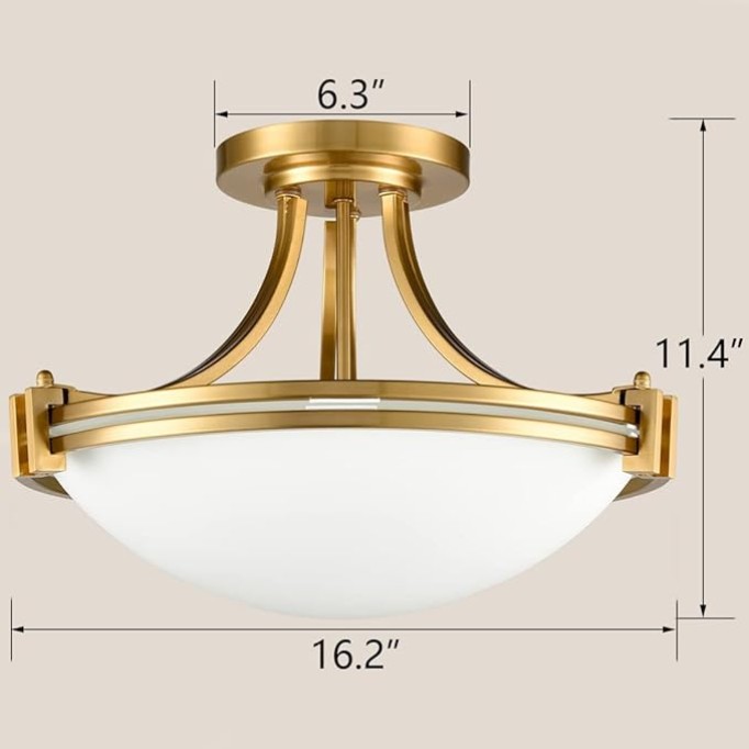 Modern Brass Semi Flush Mount Ceiling Light 3-Light Mid Century Gold Flush Mount Light Milk Glass Ceiling Light Fixtures for Hallway Bedroom Foyer Kitchen