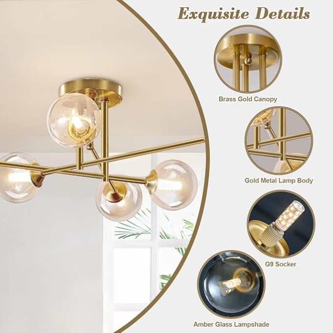 6 Lights Antique Brass Ceiling Light Mid Century Sputnik Flush Mount Ceiling Light Gold Modern Metal Semi Flush Mount Ceiling Light Vintage Bedroom Ceiling Lights