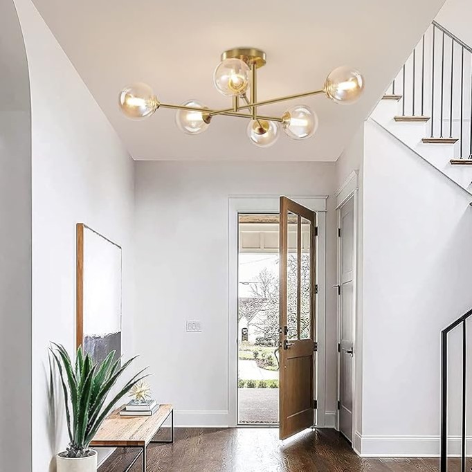 6 Lights Antique Brass Ceiling Light Mid Century Sputnik Flush Mount Ceiling Light Gold Modern Metal Semi Flush Mount Ceiling Light Vintage Bedroom Ceiling Lights