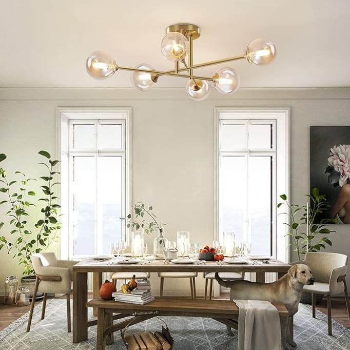 6 Lights Antique Brass Ceiling Light Mid Century Sputnik Flush Mount Ceiling Light Gold Modern Metal Semi Flush Mount Ceiling Light Vintage Bedroom Ceiling Lights