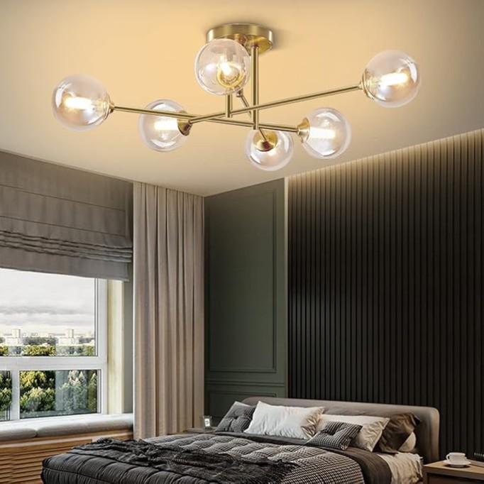 6 Lights Antique Brass Ceiling Light Mid Century Sputnik Flush Mount Ceiling Light Gold Modern Metal Semi Flush Mount Ceiling Light Vintage Bedroom Ceiling Lights