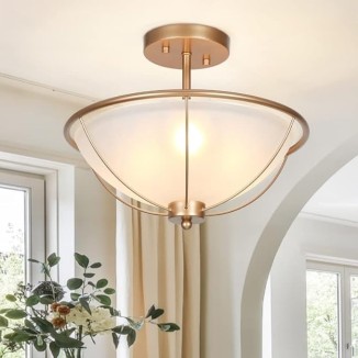 Modern Gold 3-Light Glass Semi-Flush Ceiling Mount Light with Bowl Shape 13" D X 11" H Glam Mid-Century Contemporary Metal Dimmable
