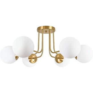 6-Light Mid Century Ceiling Light Modern Semi Flush Mount Ceiling Light Fixture Globe Ceiling Light with Milk Glass Shade Brushed Brass Finish for Bedroom Hallway Dining Room Living Room