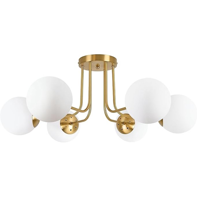 6-Light Mid Century Ceiling Light Modern Semi Flush Mount Ceiling Light Fixture Globe Ceiling Light with Milk Glass Shade Brushed Brass Finish for Bedroom Hallway Dining Room Living Room
