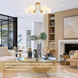 6-Light Mid Century Ceiling Light Modern Semi Flush Mount Ceiling Light Fixture Globe Ceiling Light with Milk Glass Shade Brushed Brass Finish for Bedroom Hallway Dining Room Living Room