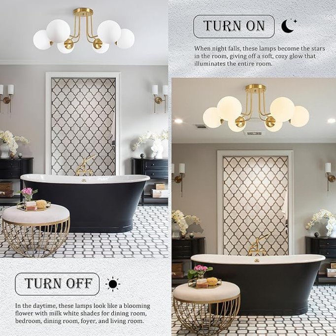 6-Light Mid Century Ceiling Light Modern Semi Flush Mount Ceiling Light Fixture Globe Ceiling Light with Milk Glass Shade Brushed Brass Finish for Bedroom Hallway Dining Room Living Room