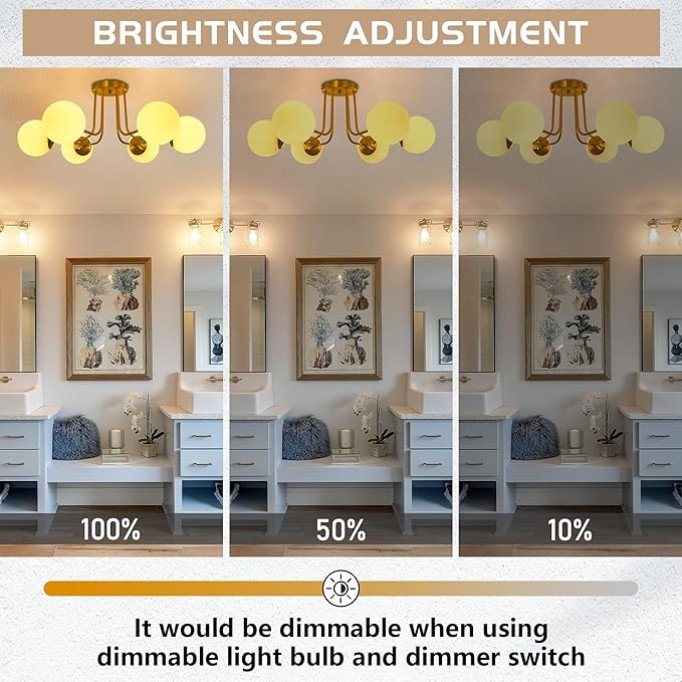 6-Light Mid Century Ceiling Light Modern Semi Flush Mount Ceiling Light Fixture Globe Ceiling Light with Milk Glass Shade Brushed Brass Finish for Bedroom Hallway Dining Room Living Room