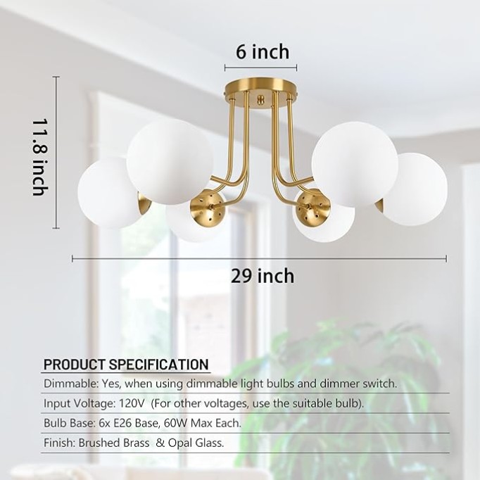 6-Light Mid Century Ceiling Light Modern Semi Flush Mount Ceiling Light Fixture Globe Ceiling Light with Milk Glass Shade Brushed Brass Finish for Bedroom Hallway Dining Room Living Room