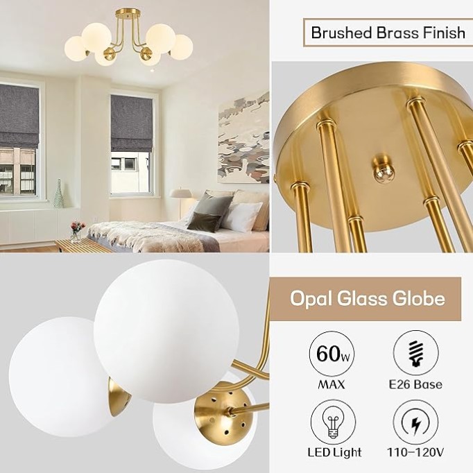 6-Light Mid Century Ceiling Light Modern Semi Flush Mount Ceiling Light Fixture Globe Ceiling Light with Milk Glass Shade Brushed Brass Finish for Bedroom Hallway Dining Room Living Room