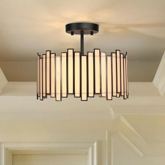 Black Ceiling Light Fixture in Drum Shape, 12.5” Modern Semi Flush Mount Tiffany Lamp with White Glass, 3-Light Round Hanging Light for Bedroom Dining Room Kitchen Entryway Living Room