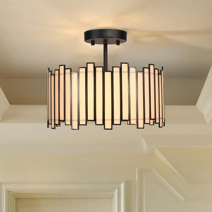 Black Ceiling Light Fixture in Drum Shape, 12.5” Modern Semi Flush Mount Tiffany Lamp with White Glass, 3-Light Round Hanging Light for Bedroom Dining Room Kitchen Entryway Living Room