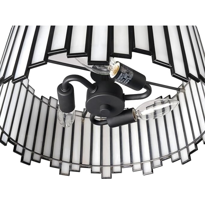 Black Ceiling Light Fixture in Drum Shape, 12.5” Modern Semi Flush Mount Tiffany Lamp with White Glass, 3-Light Round Hanging Light for Bedroom Dining Room Kitchen Entryway Living Room