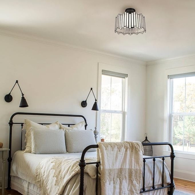 Black Ceiling Light Fixture in Drum Shape, 12.5” Modern Semi Flush Mount Tiffany Lamp with White Glass, 3-Light Round Hanging Light for Bedroom Dining Room Kitchen Entryway Living Room