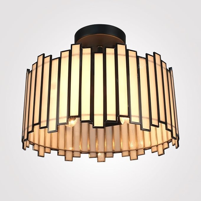 Black Ceiling Light Fixture in Drum Shape, 12.5” Modern Semi Flush Mount Tiffany Lamp with White Glass, 3-Light Round Hanging Light for Bedroom Dining Room Kitchen Entryway Living Room
