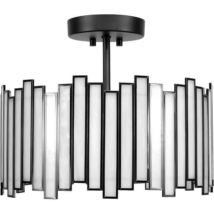 Black Ceiling Light Fixture in Drum Shape, 12.5” Modern Semi Flush Mount Tiffany Lamp with White Glass, 3-Light Round Hanging Light for Bedroom Dining Room Kitchen Entryway Living Room