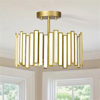 Gold Ceiling Light Fixture in Drum Shape, 12.5” Modern Semi Flush Mount Tiffany Lamp with White Glass, 3 Light Round Ceiling Hanging Lighting for Bedroom Dining Living Room Kitchen Entryway