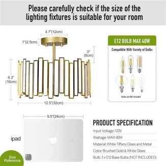 Gold Ceiling Light Fixture in Drum Shape, 12.5” Modern Semi Flush Mount Tiffany Lamp with White Glass, 3 Light Round Ceiling Hanging Lighting for Bedroom Dining Living Room Kitchen Entryway