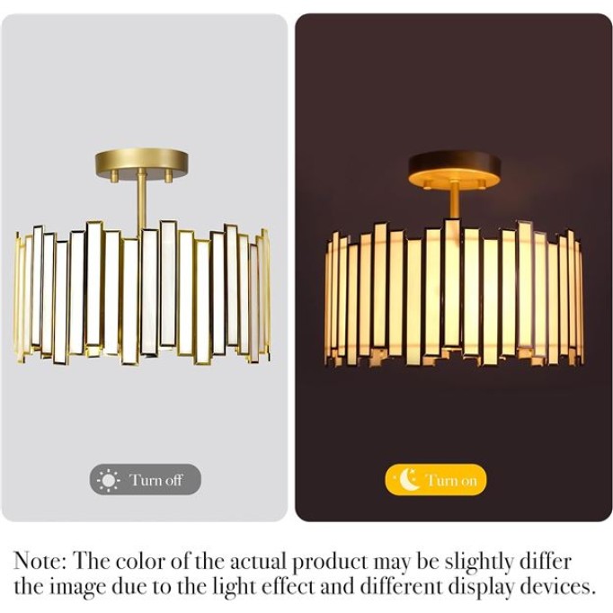 Gold Ceiling Light Fixture in Drum Shape, 12.5” Modern Semi Flush Mount Tiffany Lamp with White Glass, 3 Light Round Ceiling Hanging Lighting for Bedroom Dining Living Room Kitchen Entryway