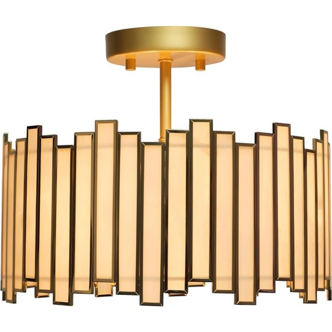 Gold Ceiling Light Fixture in Drum Shape, 12.5” Modern Semi Flush Mount Tiffany Lamp with White Glass, 3 Light Round Ceiling Hanging Lighting for Bedroom Dining Living Room Kitchen Entryway