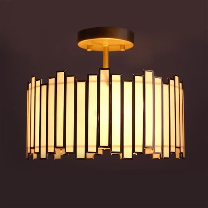 Gold Ceiling Light Fixture in Drum Shape, 12.5” Modern Semi Flush Mount Tiffany Lamp with White Glass, 3 Light Round Ceiling Hanging Lighting for Bedroom Dining Living Room Kitchen Entryway