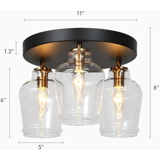 Black and Gold Semi Flush Mount Lighting, Modern 3-Light Glass Ceiling Light Fixture for Hallway, Bedroom, Foyer, 11" Dia