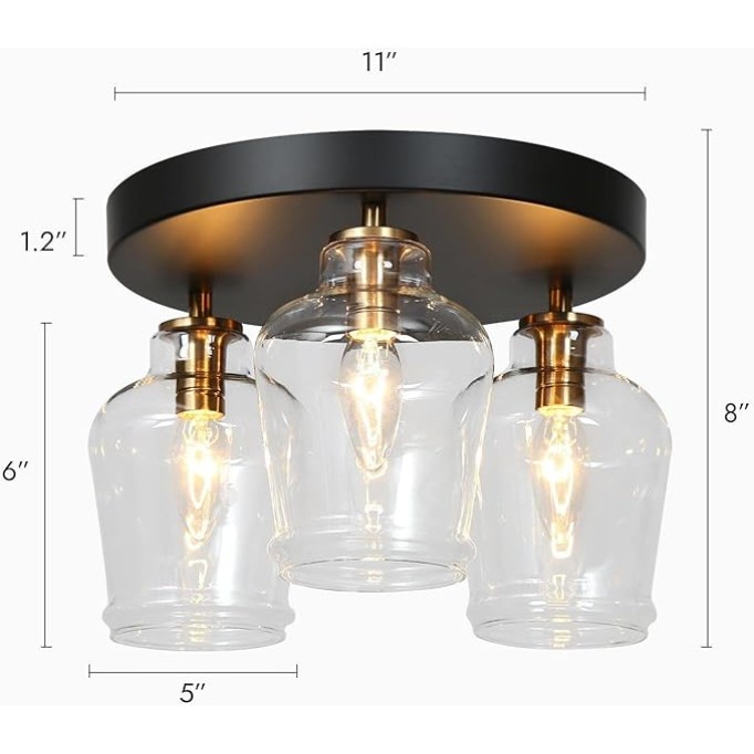 Black and Gold Semi Flush Mount Lighting, Modern 3-Light Glass Ceiling Light Fixture for Hallway, Bedroom, Foyer, 11" Dia
