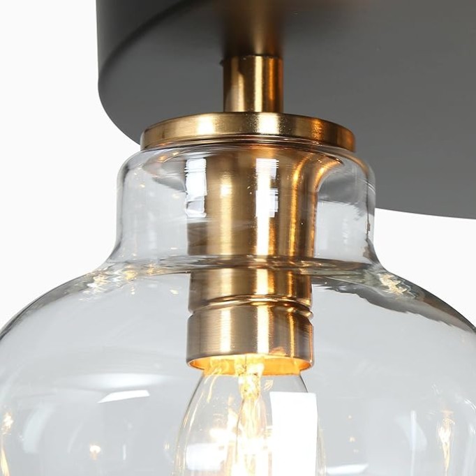 Black and Gold Semi Flush Mount Lighting, Modern 3-Light Glass Ceiling Light Fixture for Hallway, Bedroom, Foyer, 11" Dia