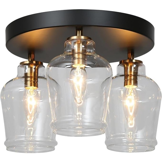 Black and Gold Semi Flush Mount Lighting, Modern 3-Light Glass Ceiling Light Fixture for Hallway, Bedroom, Foyer, 11" Dia