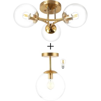 Globe Semi Flush Mount Ceiling Light Clear Glass with Brass Finish＆3 Lights Mid Century Modern Ceiling Light Clear Globe Semi Flush Mount Ceiling Light for Living Room Dining Room Bedroom